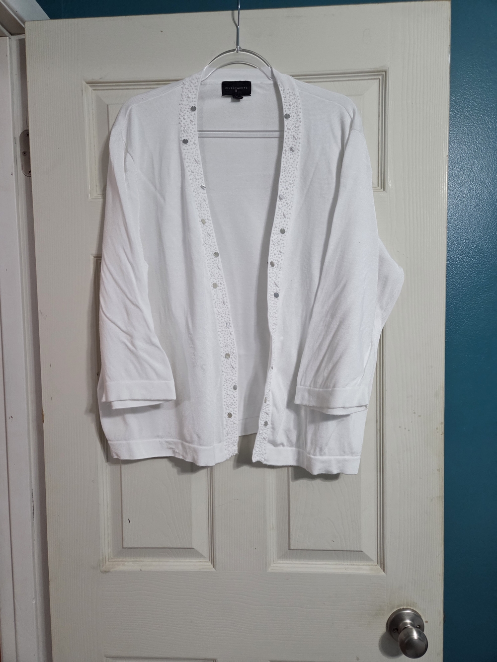 Investments II White 3/4-Sleeve Embellished Open-Front Cardigan Sweater